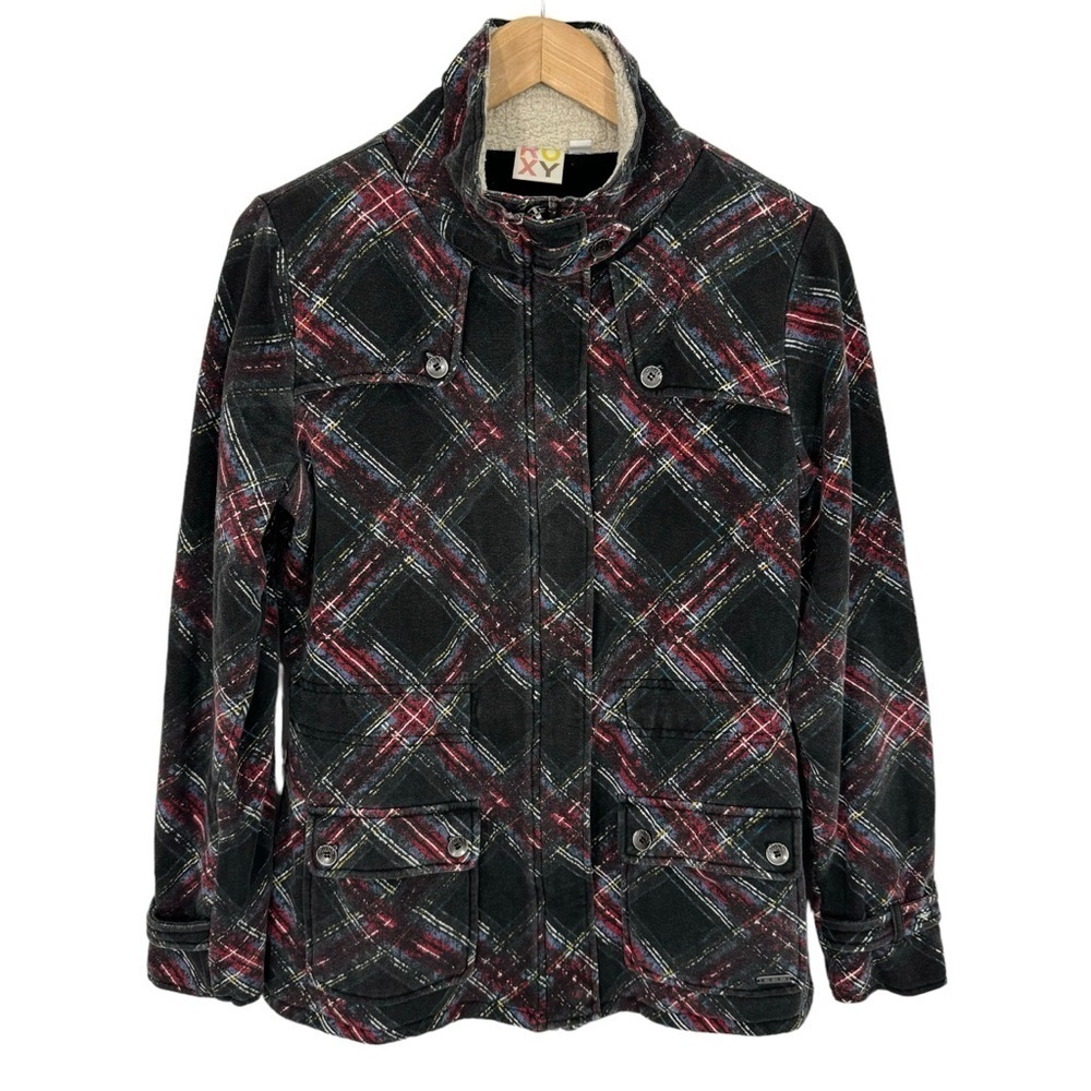 Vintage 2000s Y2k Roxy Zip Up Sweatshirt Jacket Womens L Black Plaid Cozy GUC
